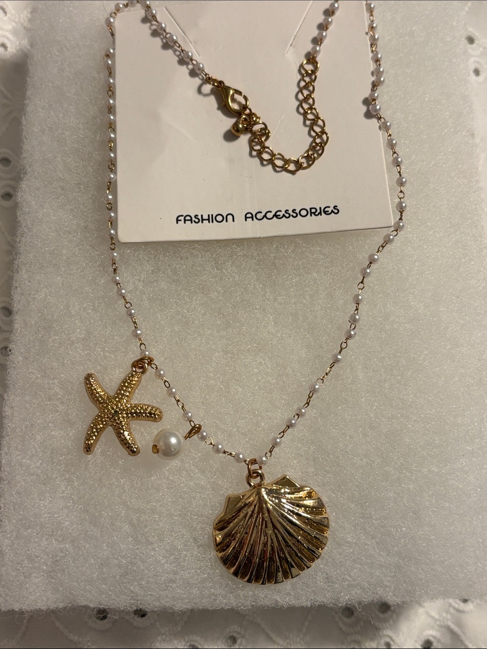 Fashion Jewelry Gold Shell & Starfish Necklace with Pearl Accent